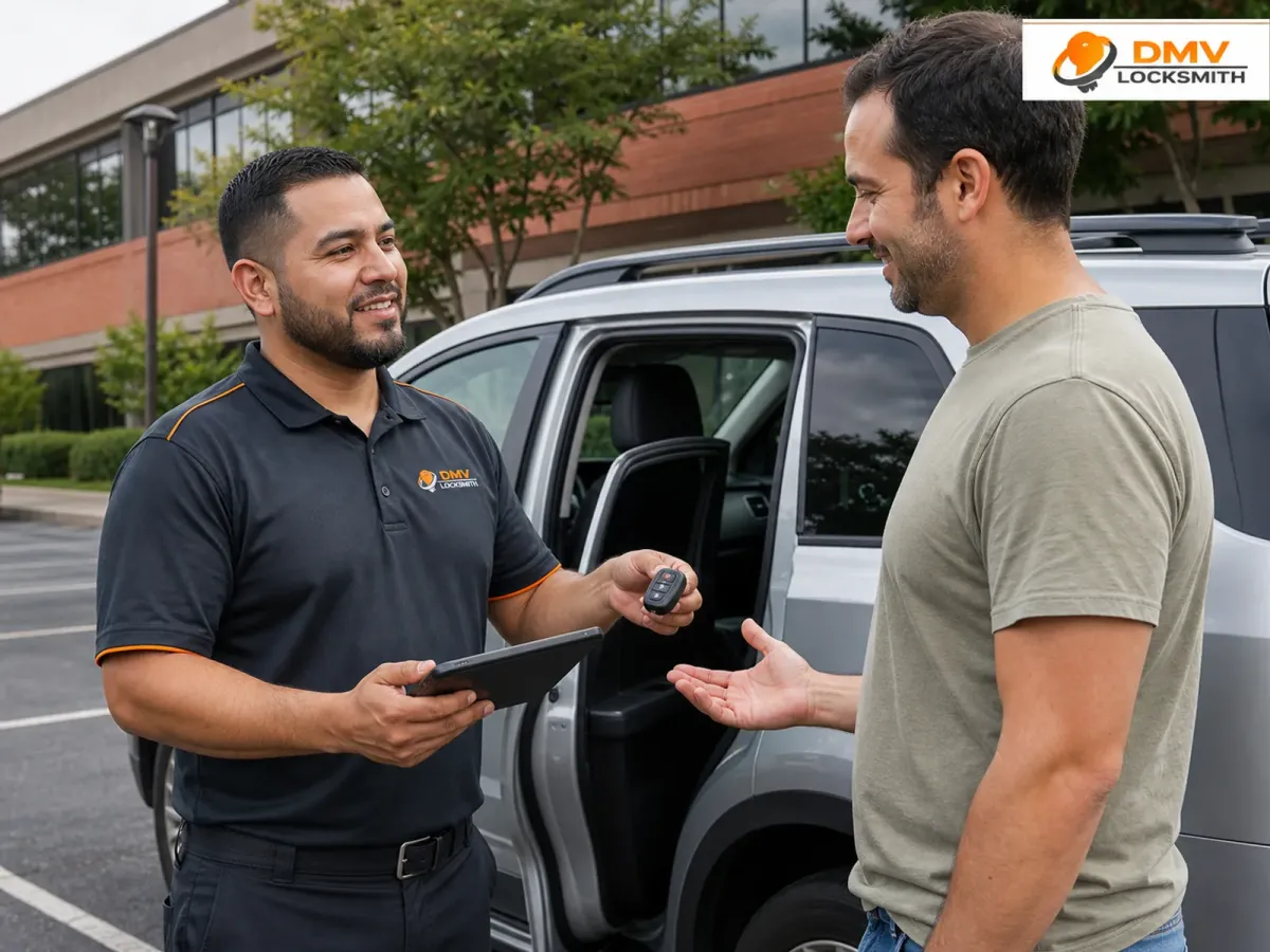 Automotive locksmith working on a car key and door lock during a vehicle lockout call