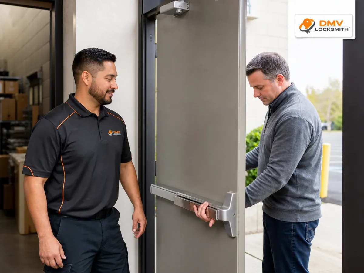 DMV Locksmith Services technician in real company workwear servicing commercial door hardware