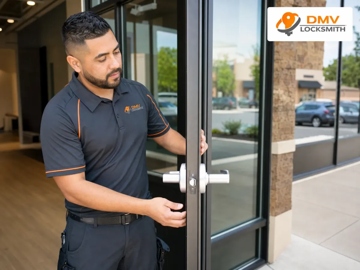 DMV Locksmith Services technician inspecting completed commercial door hardware in Fairfax