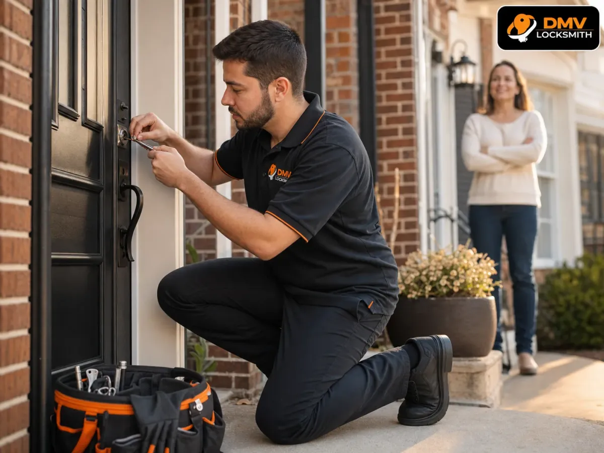 DMV Locksmith Services technician installing commercial door hardware at a customer location