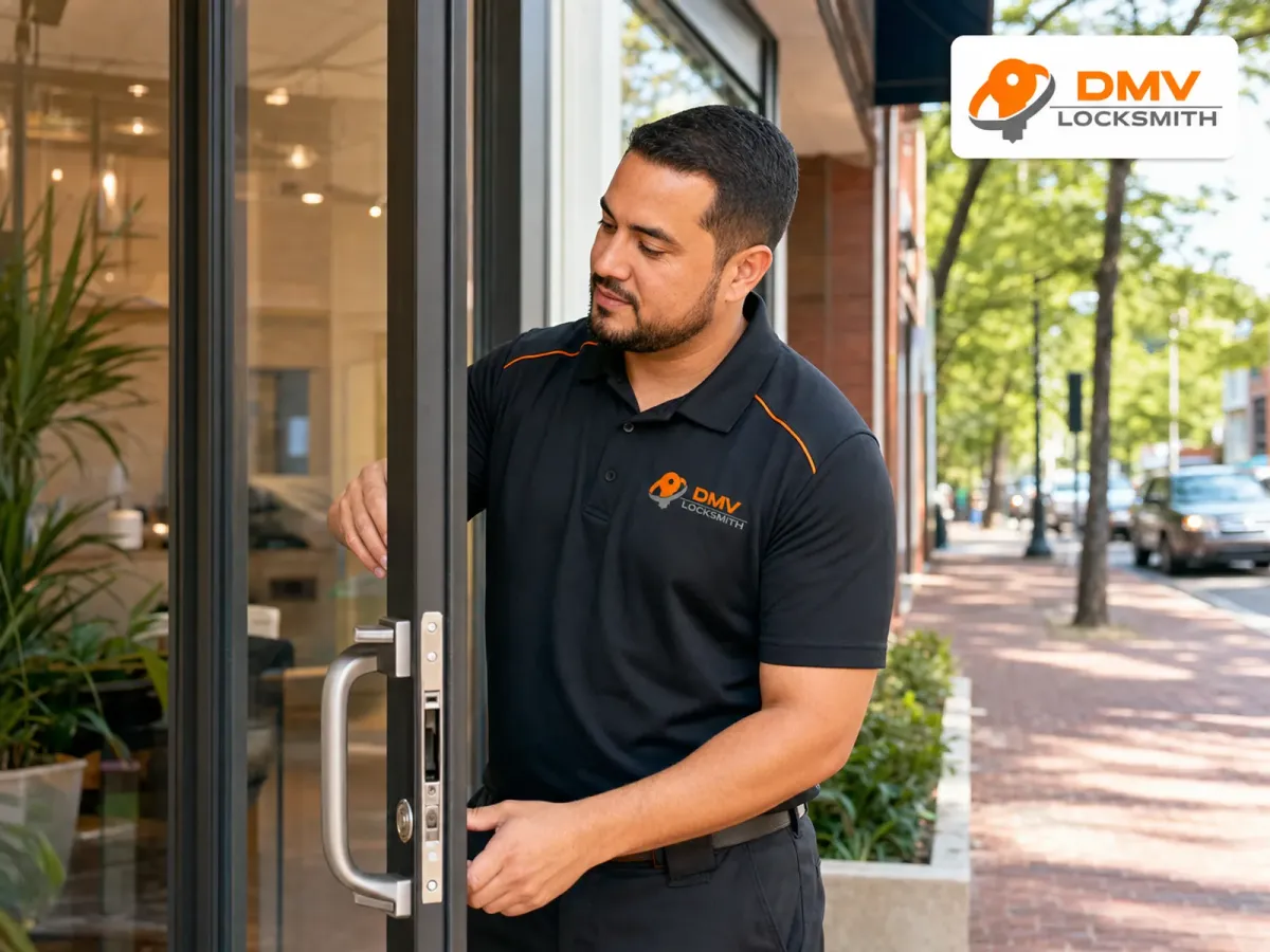 Commercial glass storefront door after locksmith hardware service